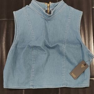Guess blue high neck jean denim shirt crop top L